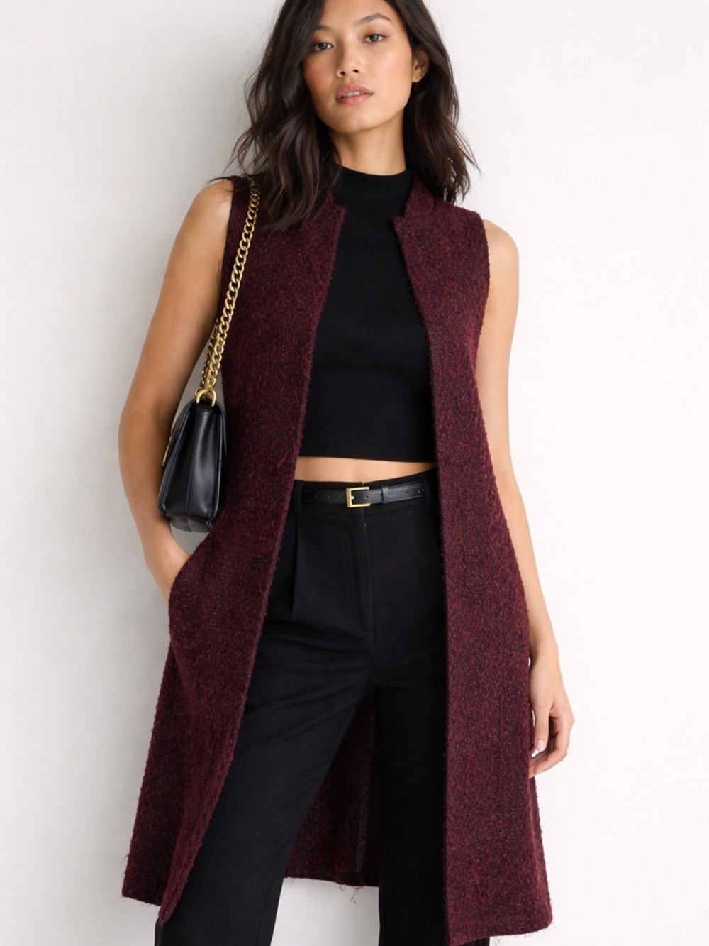 BCBG Generation Burgundy Bouclé Longline Vest Duster XXS